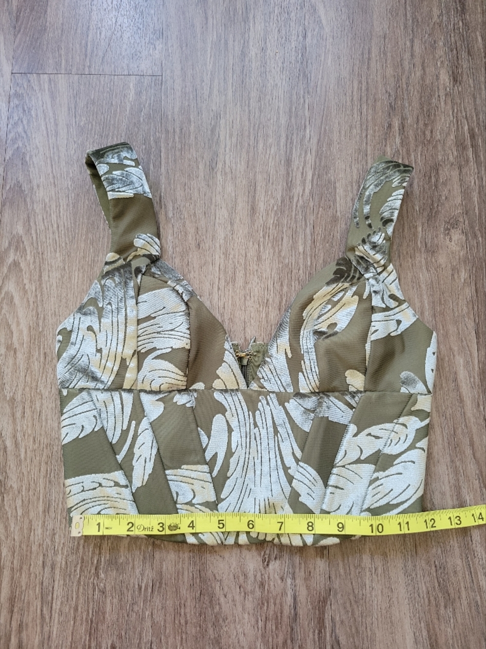 Oh Polly Cropped Bustier Top Olive Green Velvet Jacquard Corset Tank Top 2 - Picture 12 of 13
